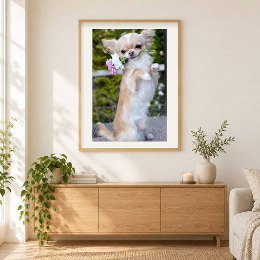 Blonde lange Haare Chihuahua als gerahmtes Diamond Painting im Wohnzimmer