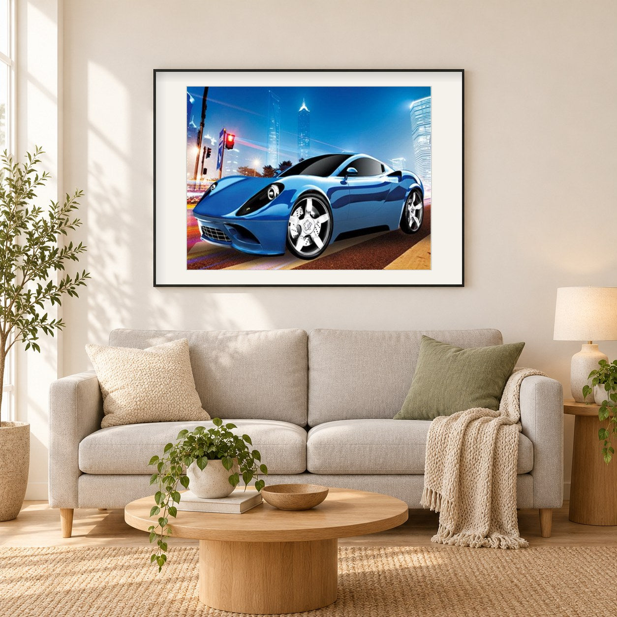 Blauer Dino-Sportwagen als gerahmtes Diamond Painting im Wohnzimmer