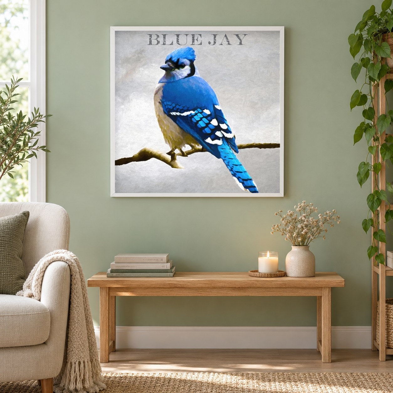 Blauhäher - Kunst des Denise Dundon als gerahmtes Diamond Painting im Wohnzimmer