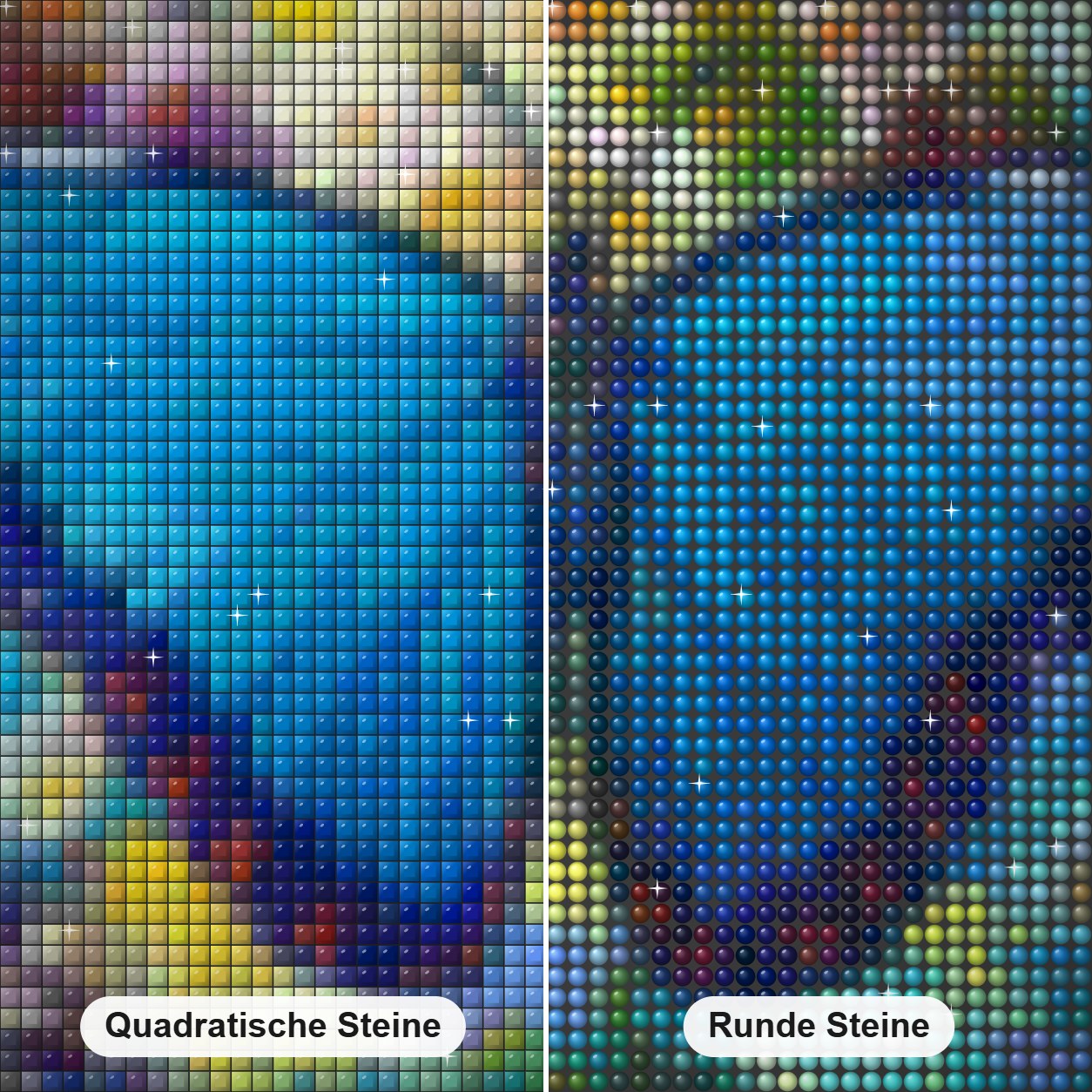 Blauer Morpho - Kunst des Simon Bull Diamond Painting Nahaufnahme mit quadratischen und runden Steinen