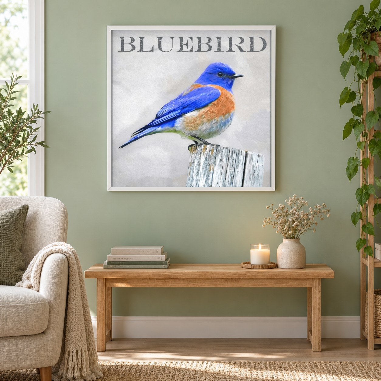 Blauer Vogel - Kunst des Denise Dundon als gerahmtes Diamond Painting im Wohnzimmer