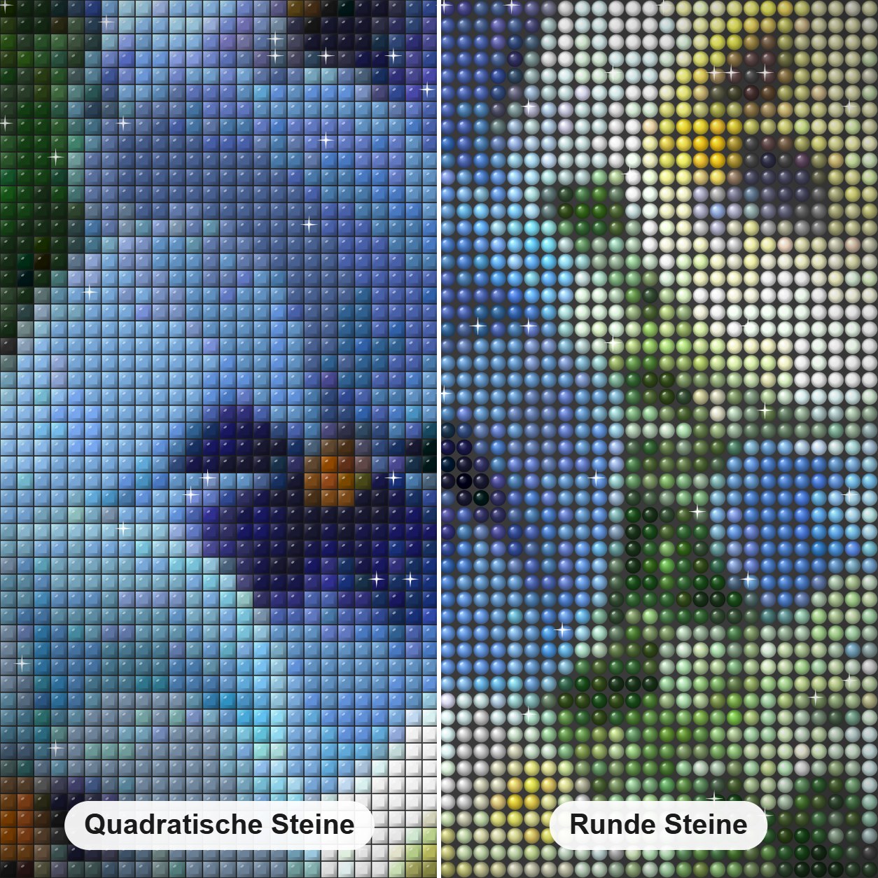 blume Diamond Painting Nahaufnahme mit quadratischen und runden Steinen