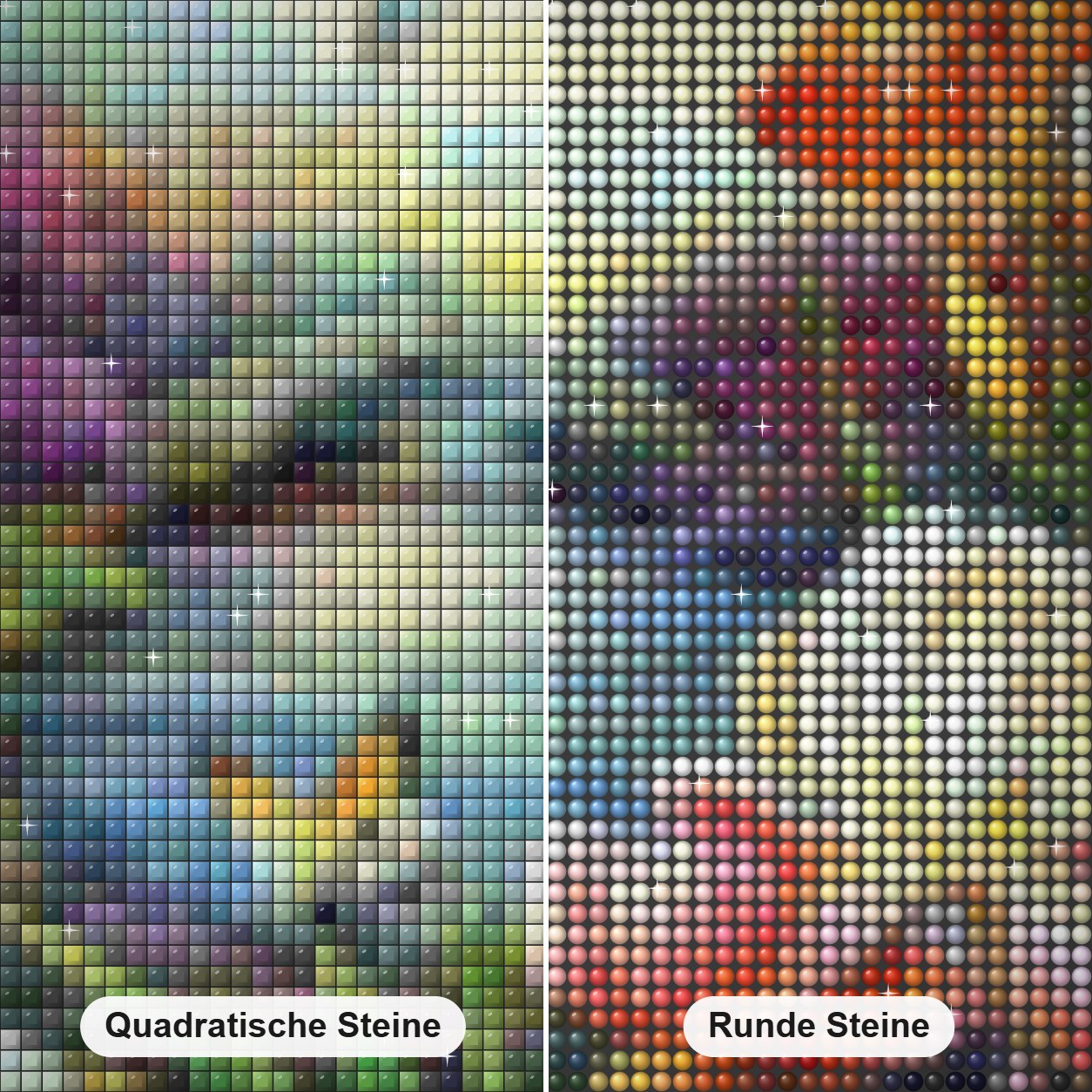 Blumen & Kolibris Diamond Painting Nahaufnahme mit quadratischen und runden Steinen