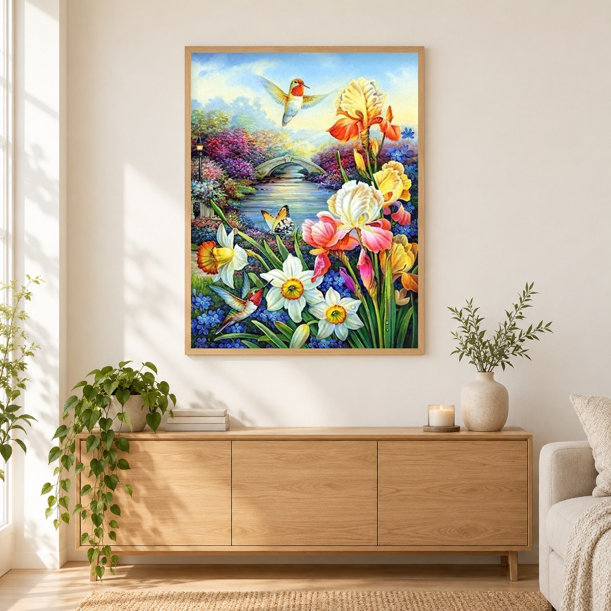 Blumen & Kolibris als gerahmtes Diamond Painting im Wohnzimmer