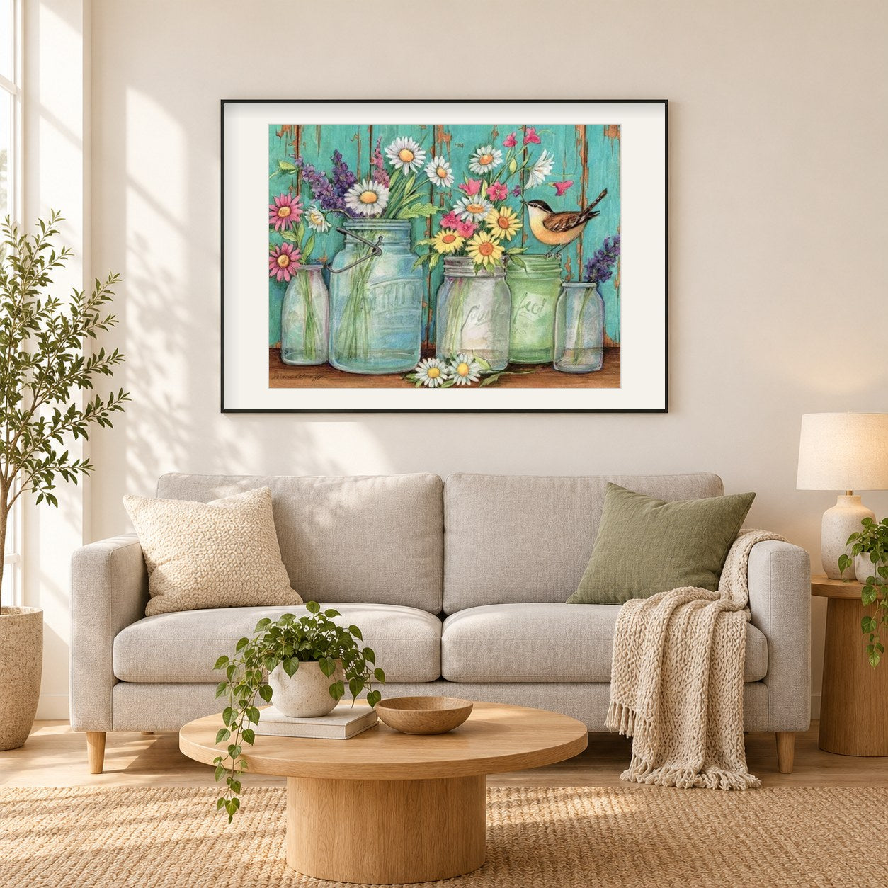 Blumen & Spatz als gerahmtes Diamond Painting im Wohnzimmer
