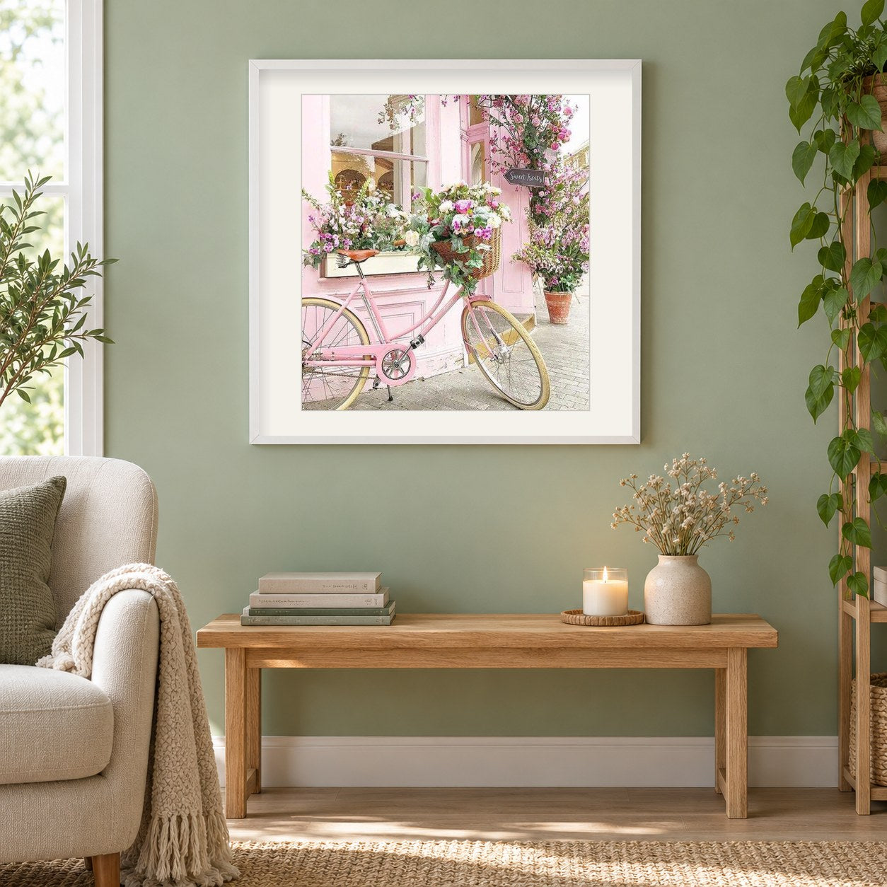Blumen und Fahrradmalerei Kit als gerahmtes Diamond Painting im Wohnzimmer