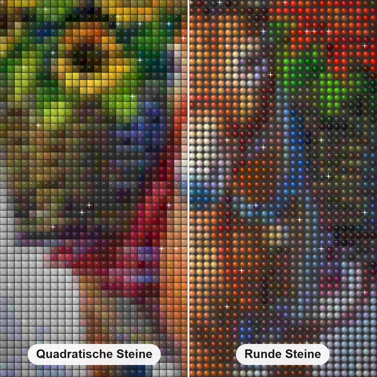 BlumenEsel Diamond Painting Nahaufnahme mit quadratischen und runden Steinen