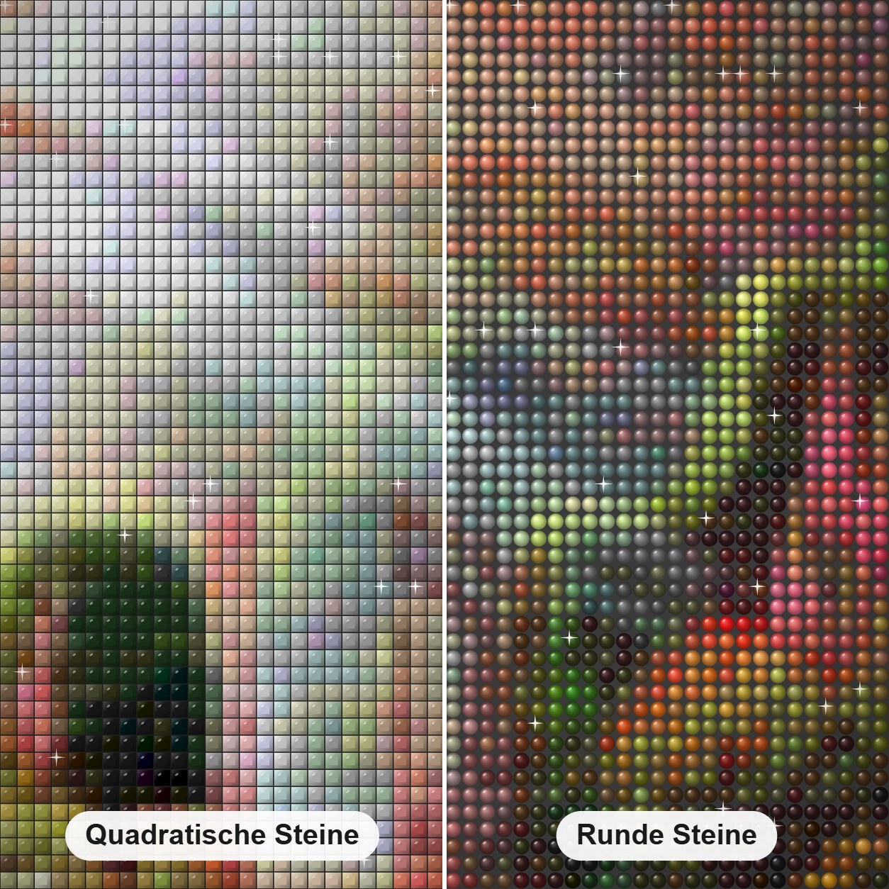 Blumengarten Diamond Painting Nahaufnahme mit quadratischen und runden Steinen