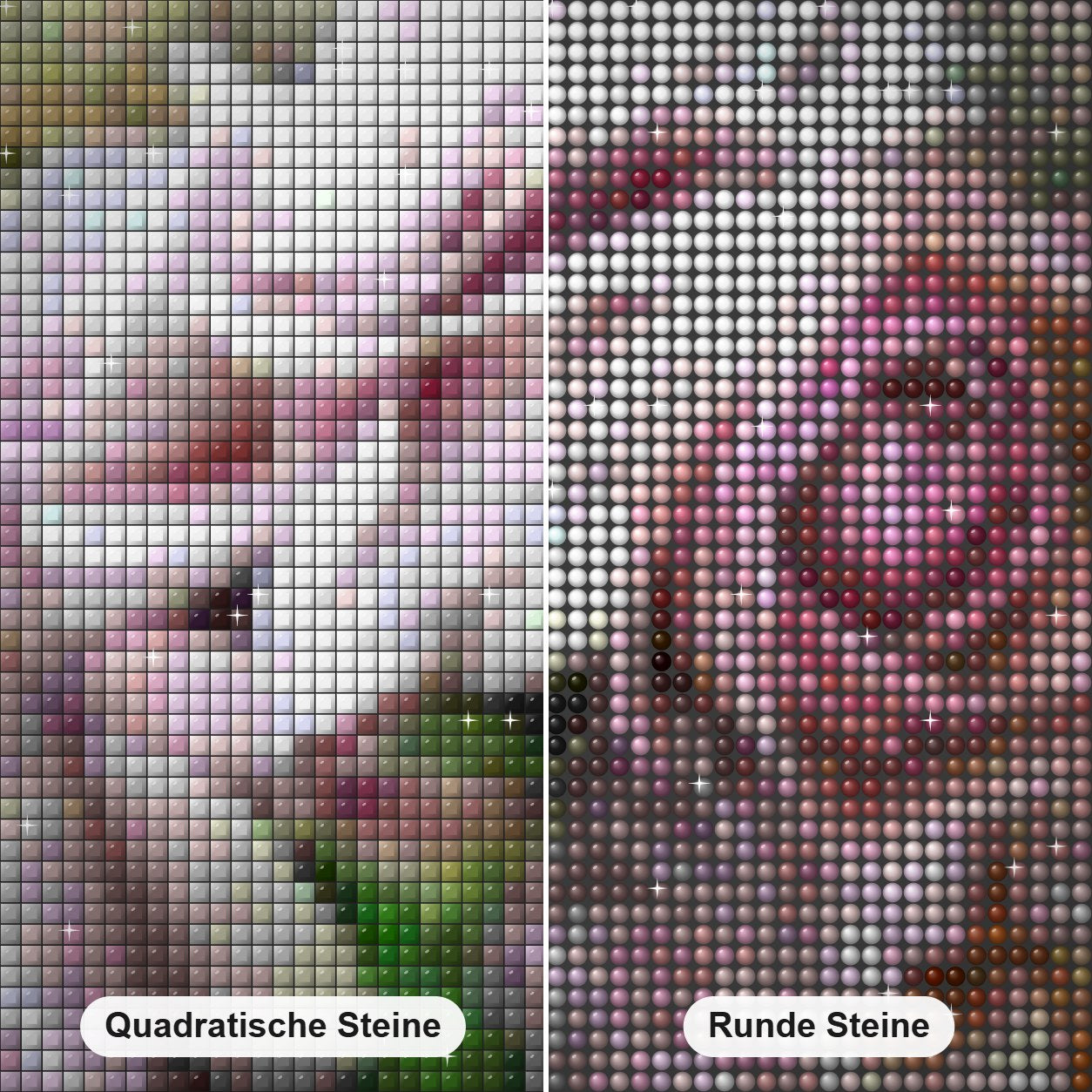 Blumenstrauß & Drachenfliege Diamond Painting Nahaufnahme mit quadratischen und runden Steinen