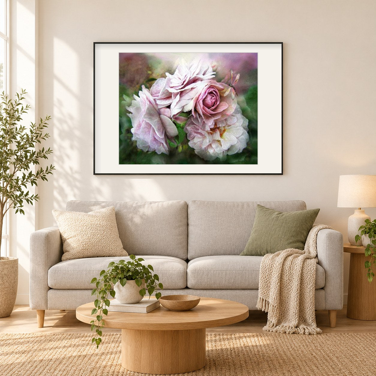 Blumenstrauß & Drachenfliege als gerahmtes Diamond Painting im Wohnzimmer