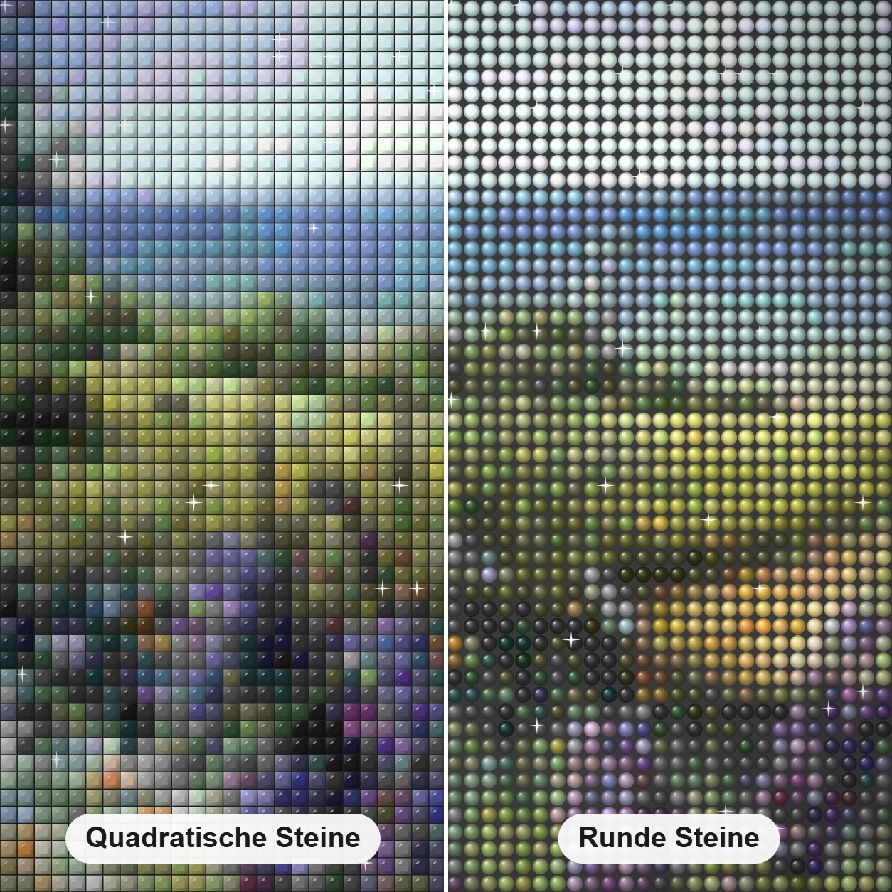 Blumenwiesen Diamond Painting Nahaufnahme mit quadratischen und runden Steinen