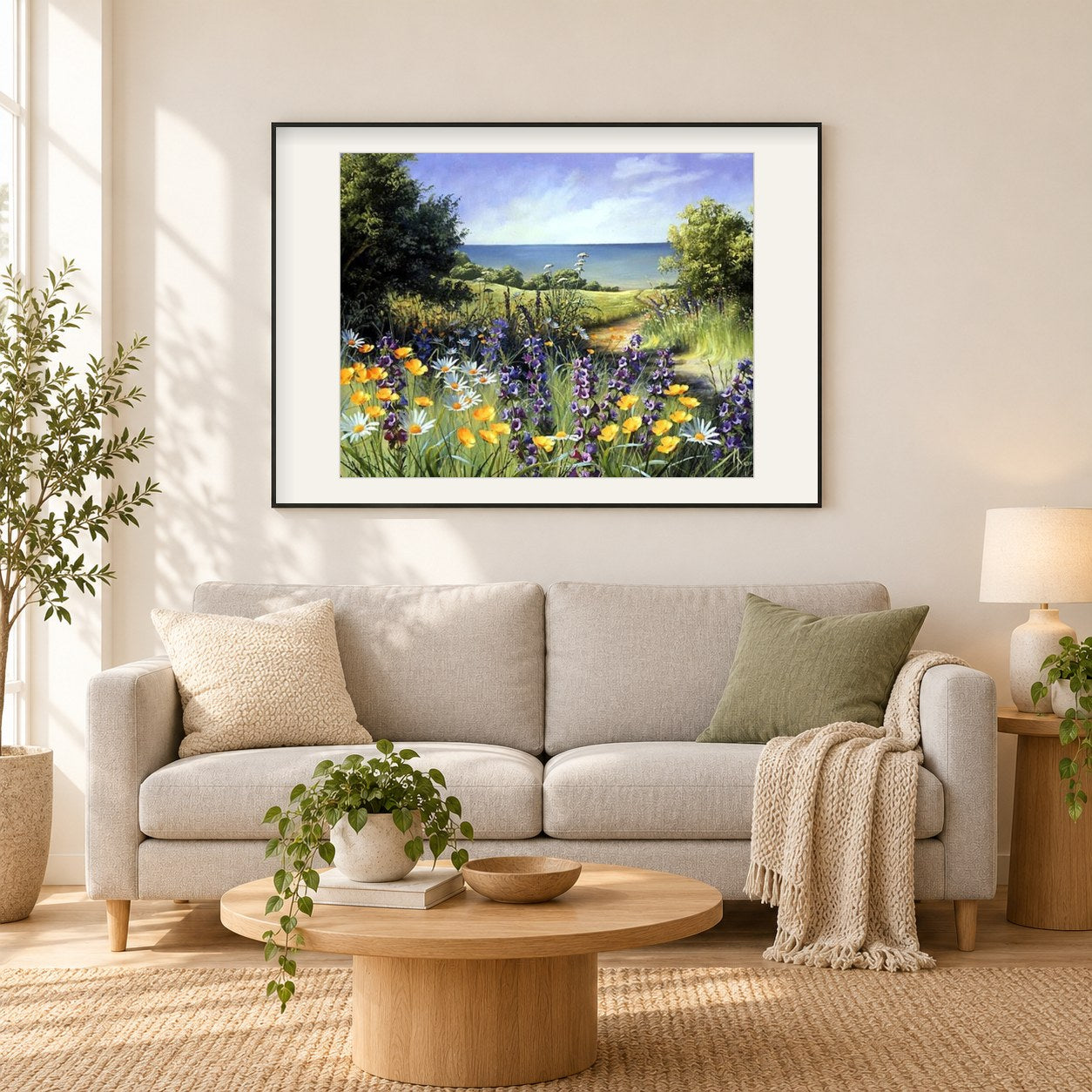 Blumenwiesen als gerahmtes Diamond Painting im Wohnzimmer