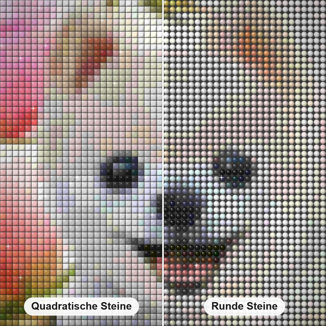 Boo im Korb Diamond Painting Nahaufnahme mit quadratischen und runden Steinen