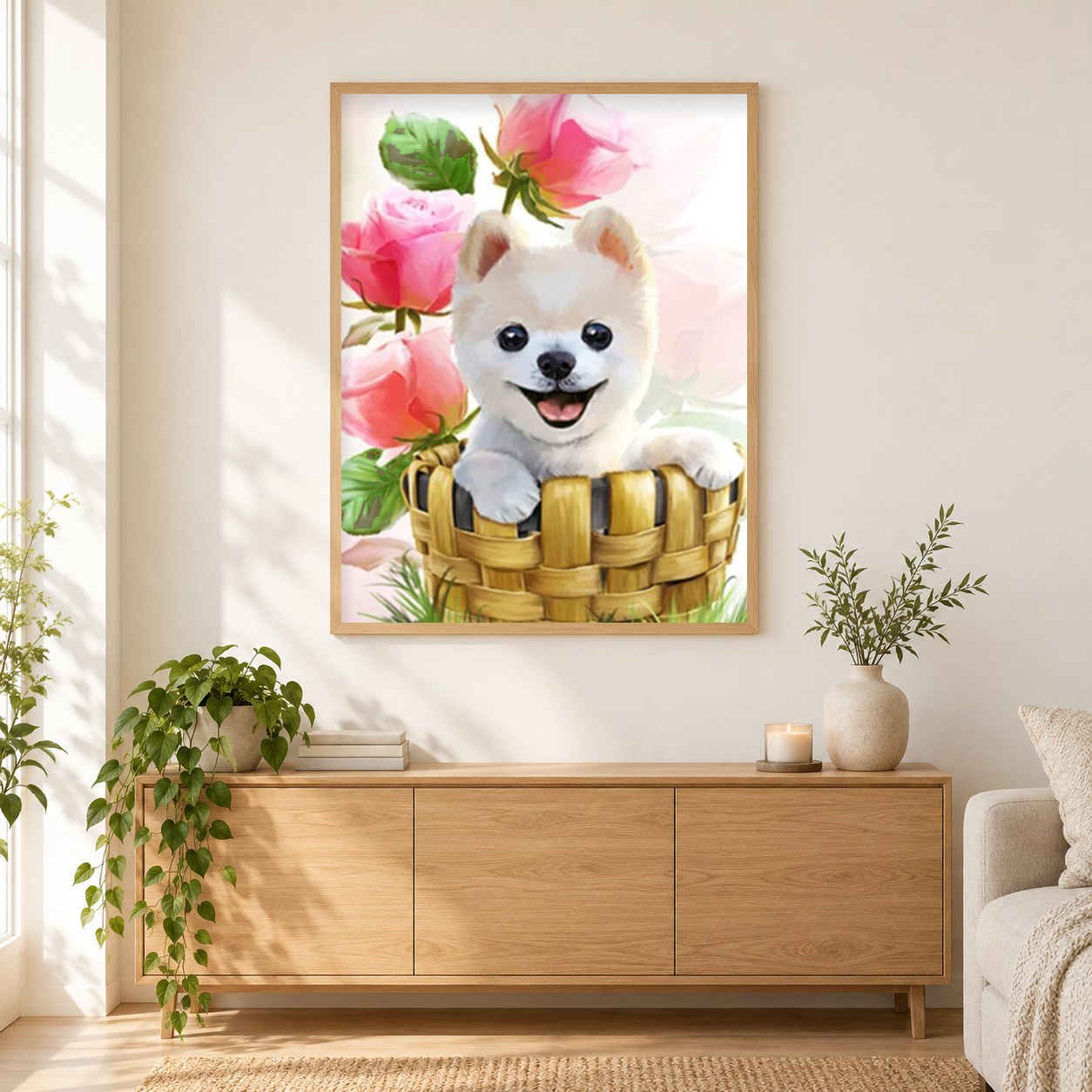 Boo im Korb als gerahmtes Diamond Painting im Wohnzimmer