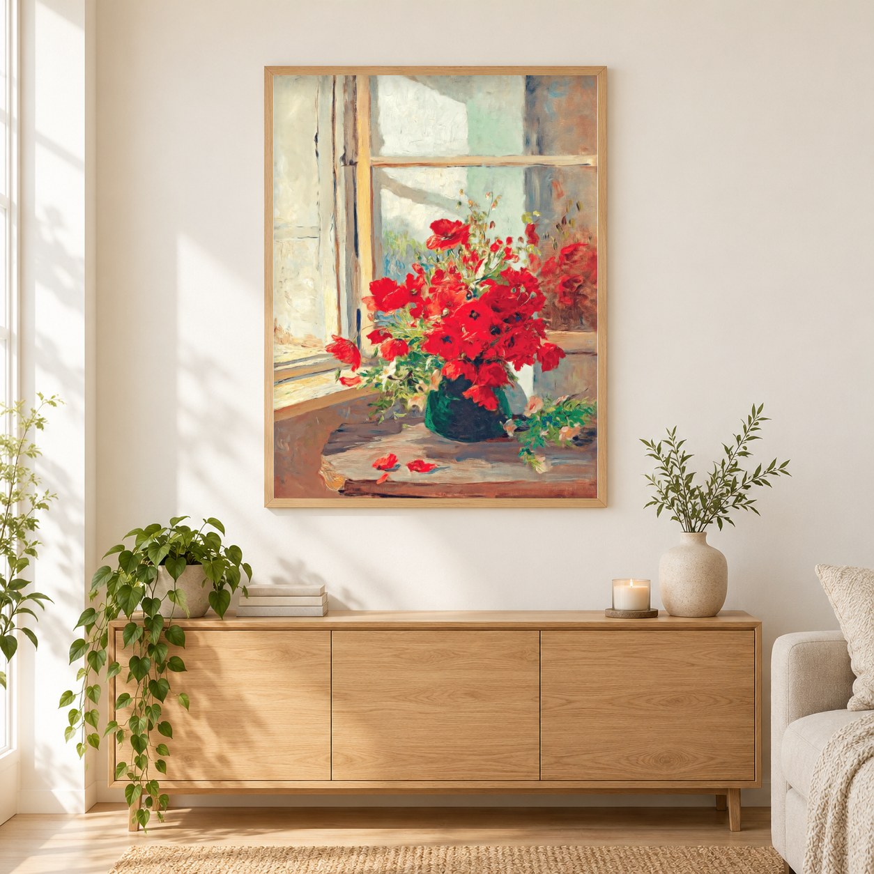 Strauß Mohnblumen - Kunst des Denise Dundon als gerahmtes Diamond Painting im Wohnzimmer