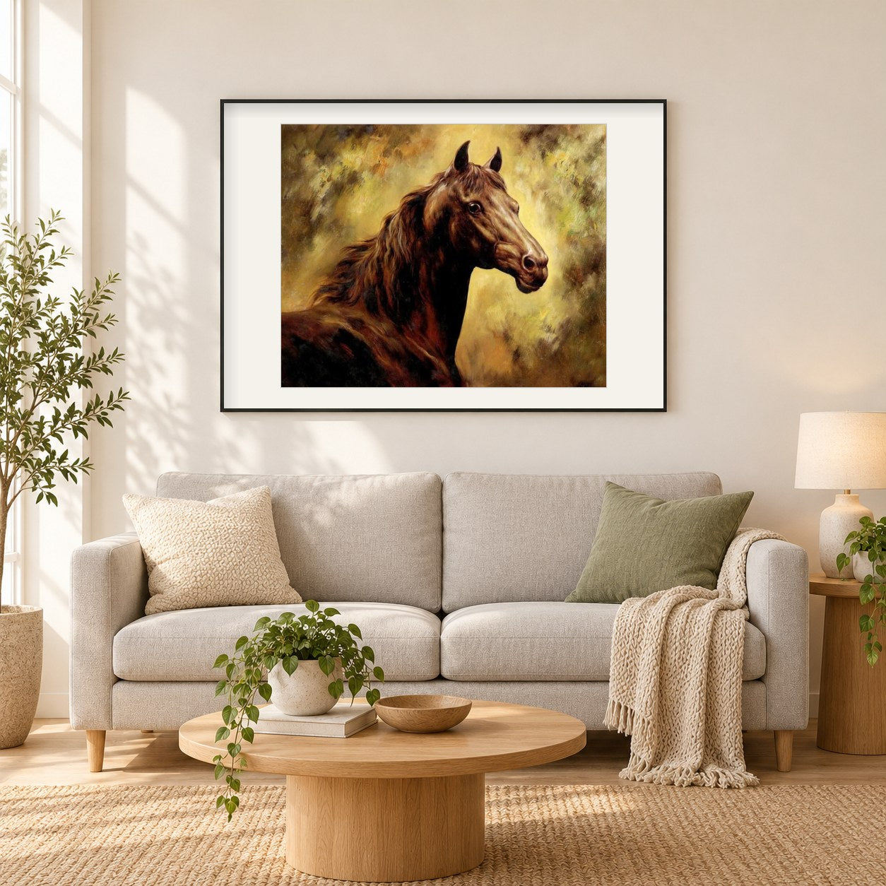 Braunes Pferd als gerahmtes Diamond Painting im Wohnzimmer