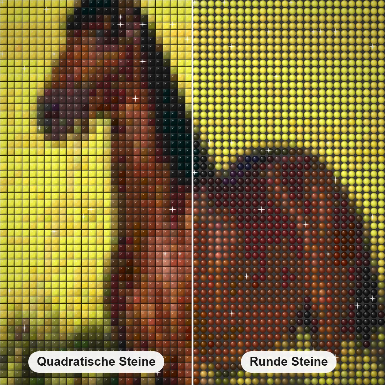 Braunes Pferd in gelben Feldern Diamond Painting Nahaufnahme mit quadratischen und runden Steinen
