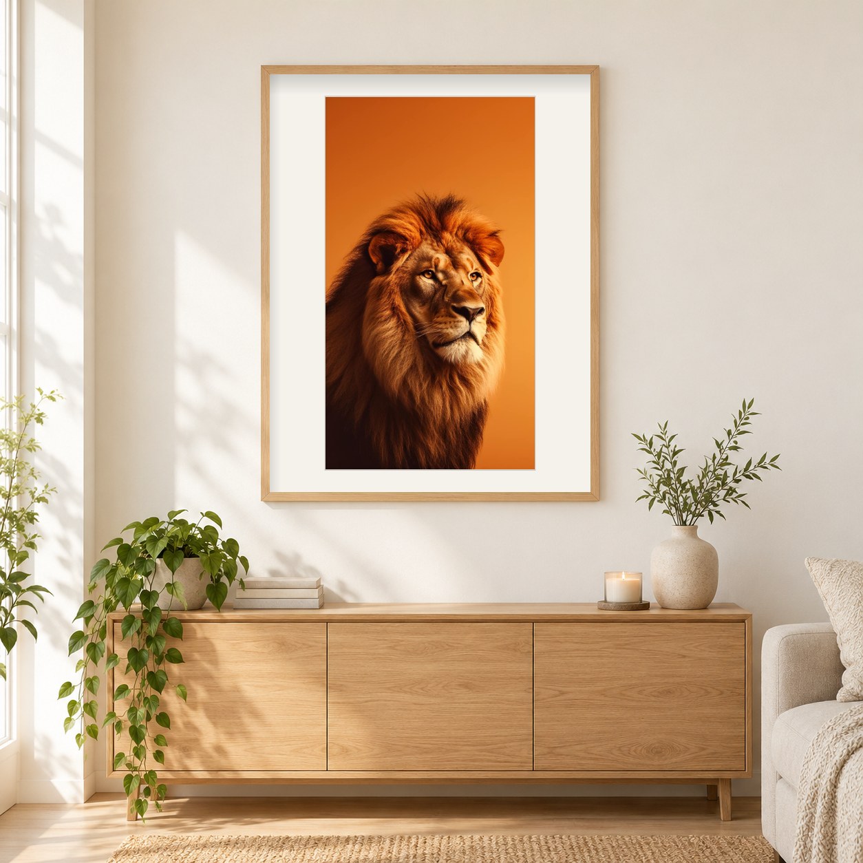 Brillante Majestät des Löwen als gerahmtes Diamond Painting im Wohnzimmer