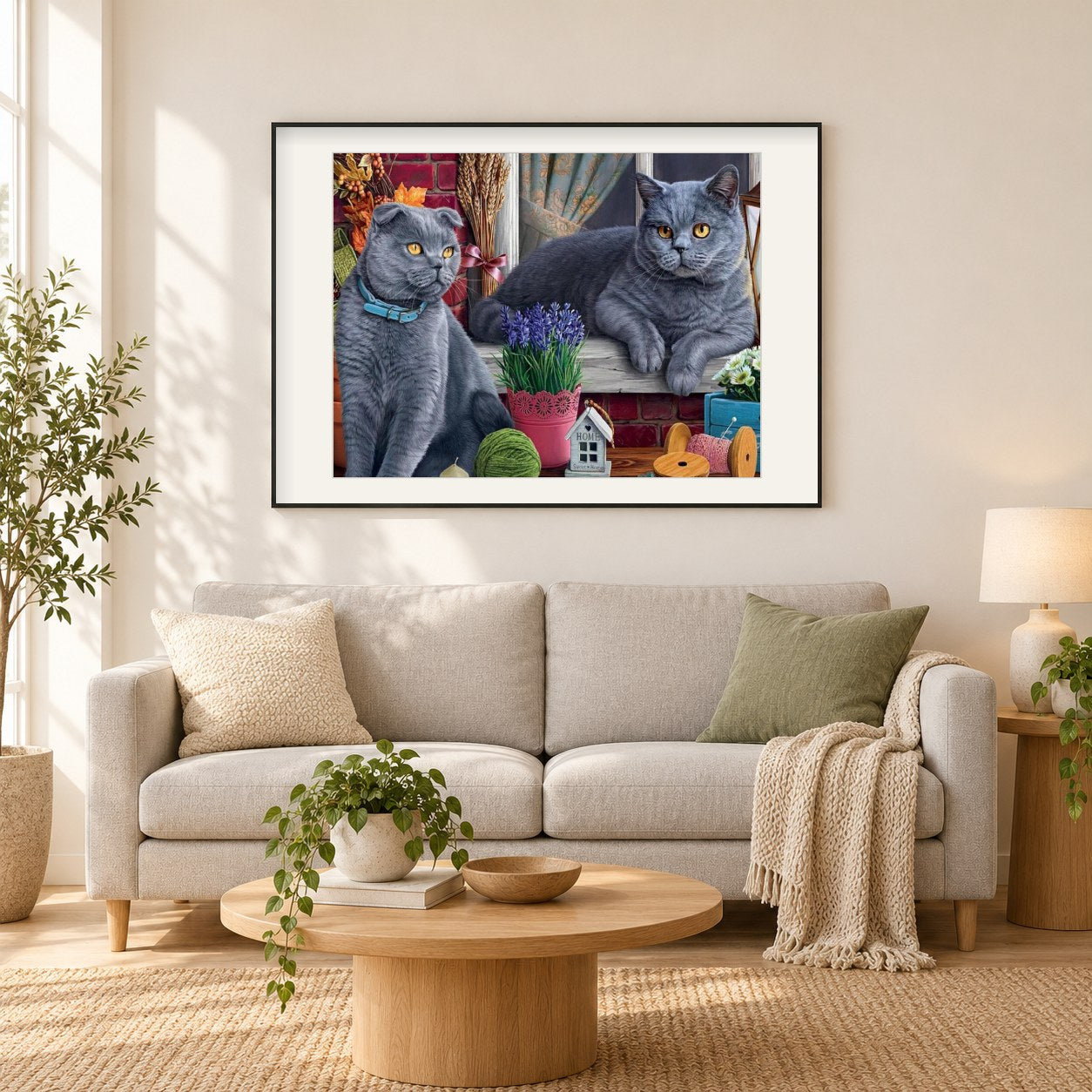 Britische Kurzhaarkatzen als gerahmtes Diamond Painting im Wohnzimmer