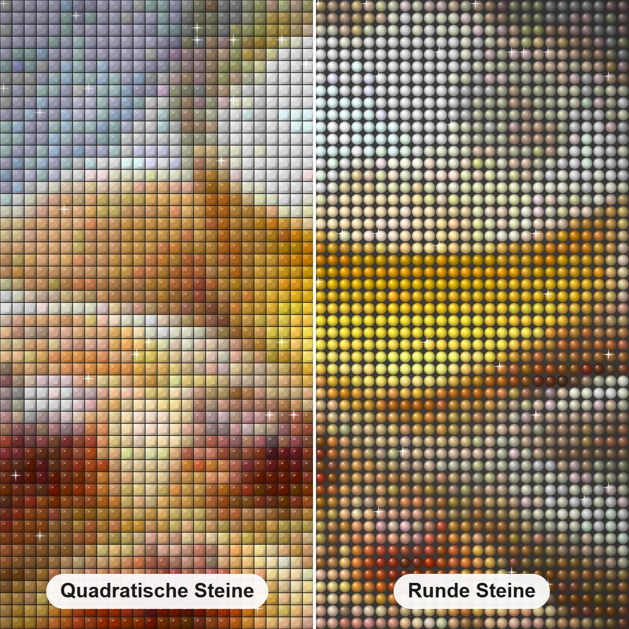 Brot & Honig Diamond Painting Nahaufnahme mit quadratischen und runden Steinen