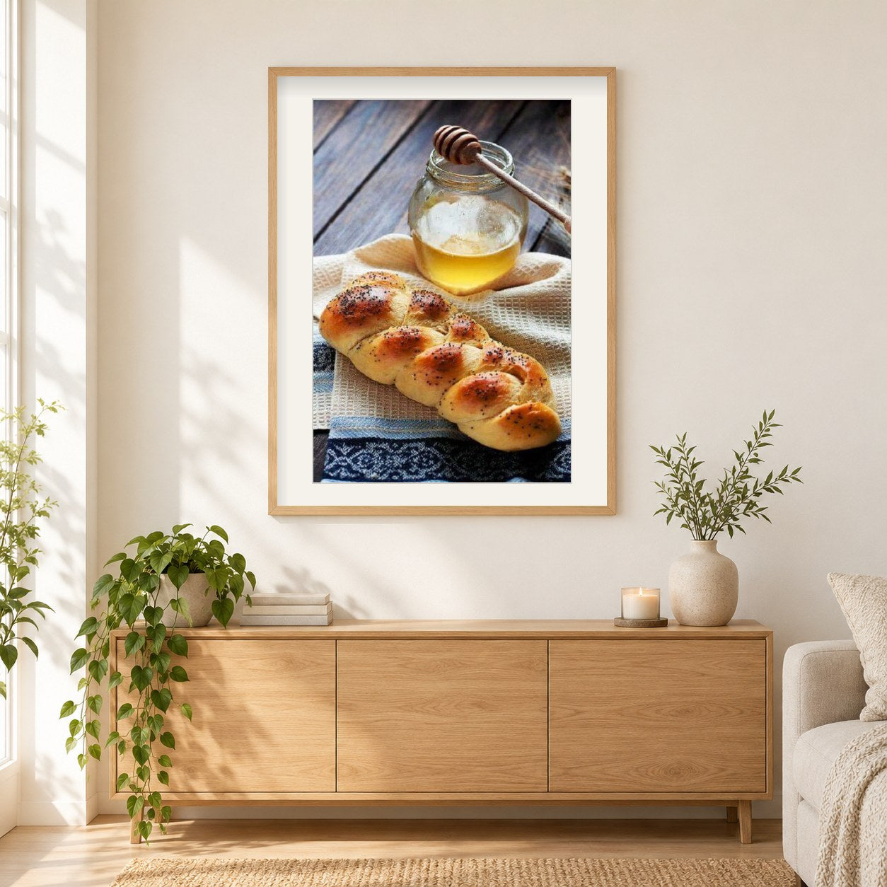Brot & Honig als gerahmtes Diamond Painting im Wohnzimmer