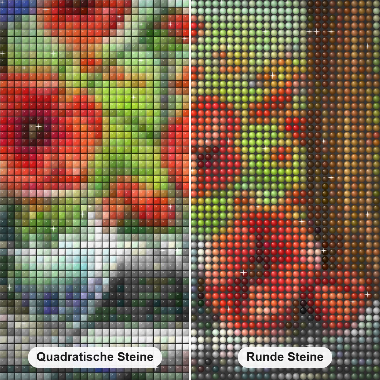 Brunnen & Blumen Diamond Painting Nahaufnahme mit quadratischen und runden Steinen