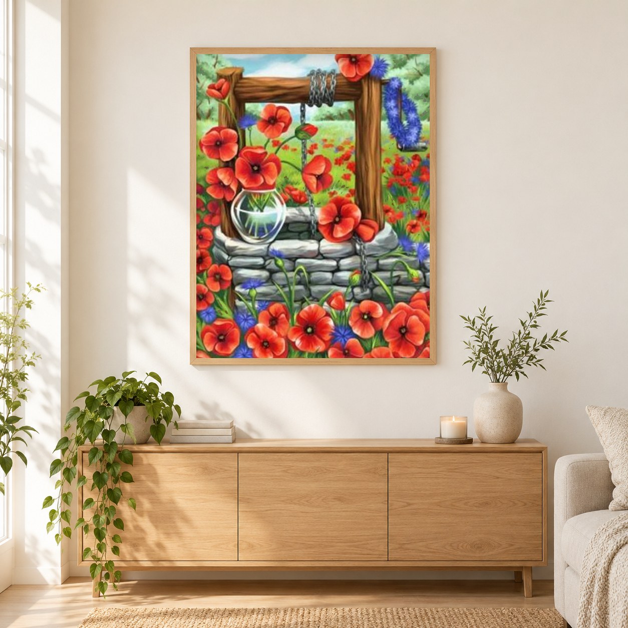 Brunnen & Blumen als gerahmtes Diamond Painting im Wohnzimmer