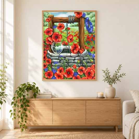 Brunnen & Blumen als gerahmtes Diamond Painting im Wohnzimmer