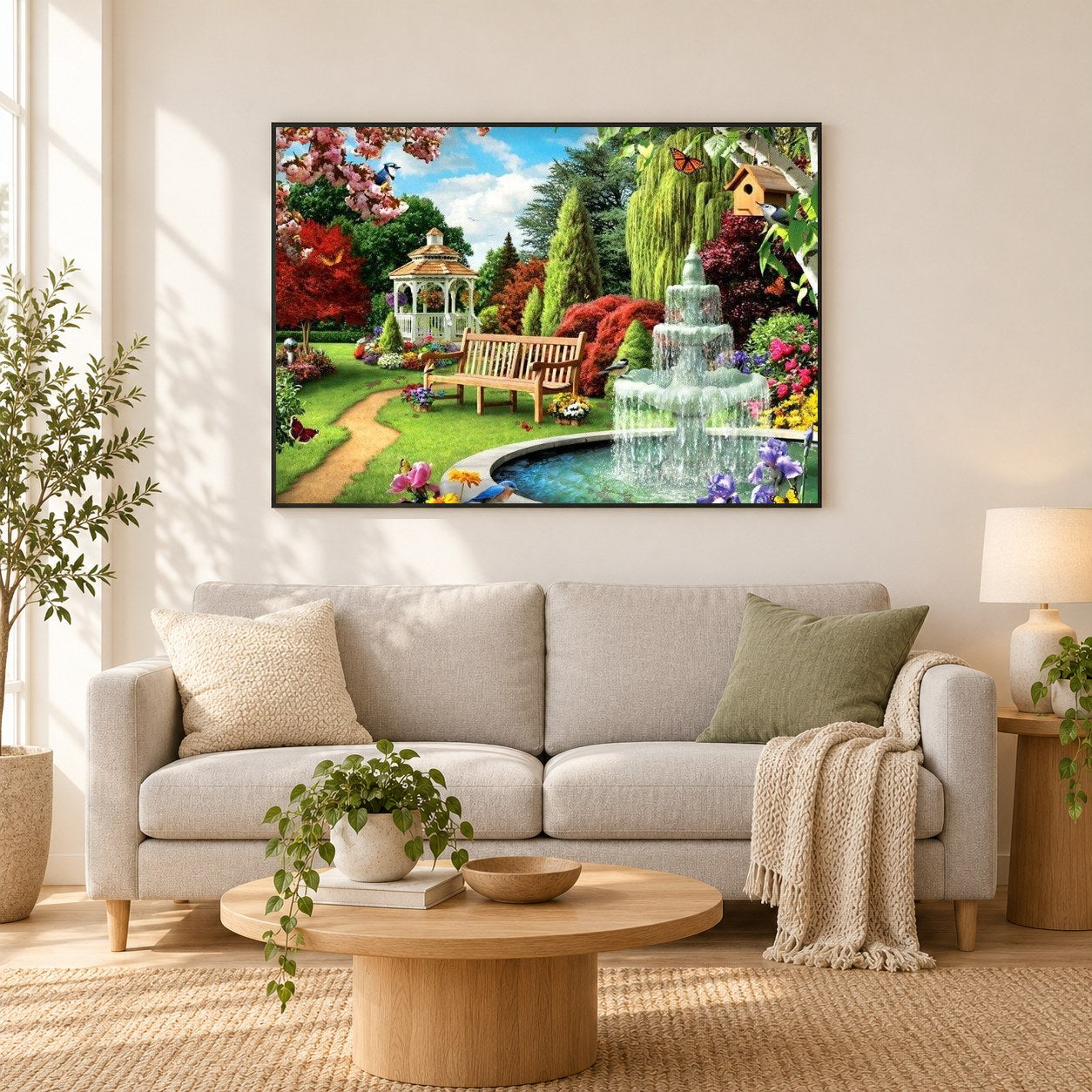 Brunnen im Garten als gerahmtes Diamond Painting im Wohnzimmer