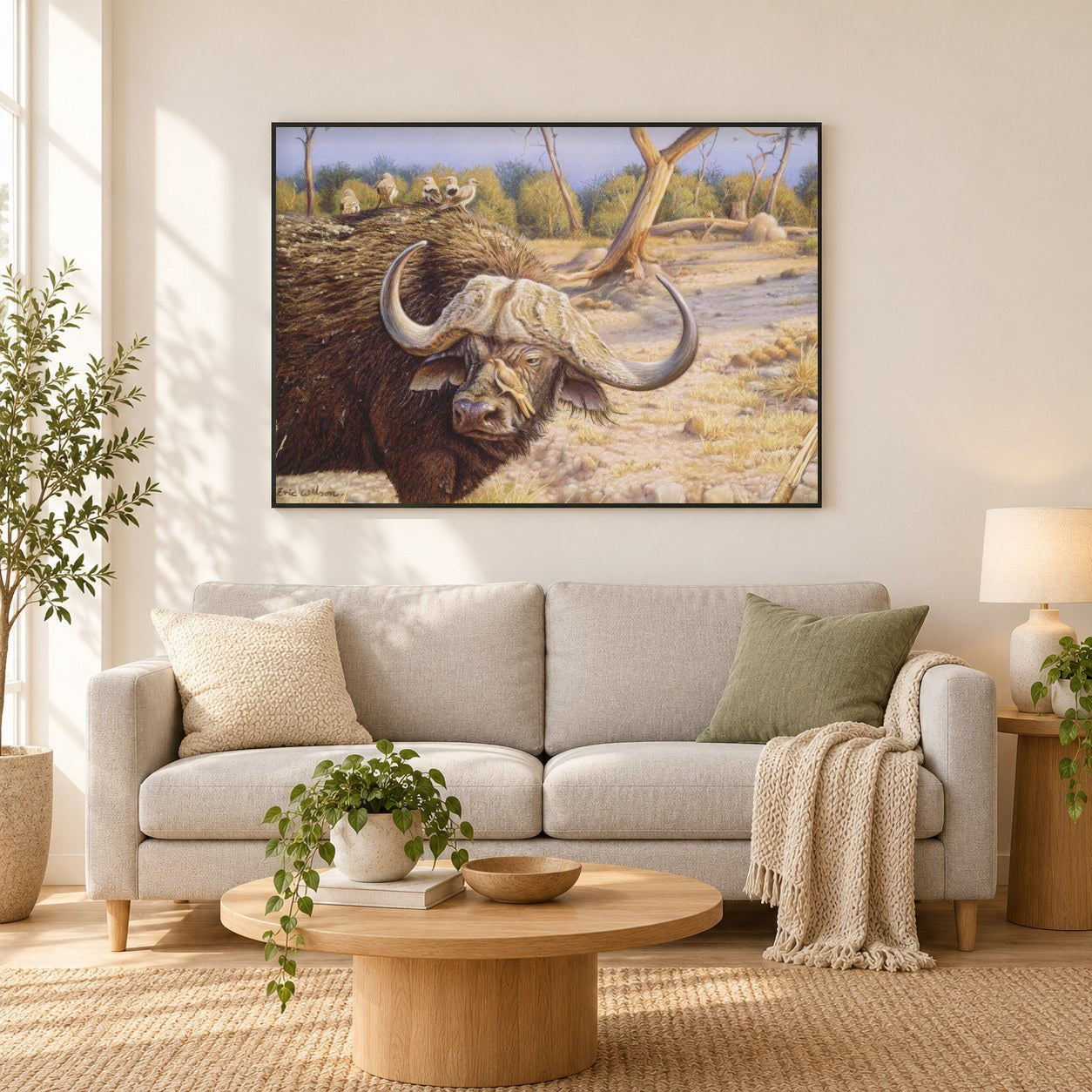 Büffel mit Ochsenspecht -  Kunst des Eric Wilson als gerahmtes Diamond Painting im Wohnzimmer
