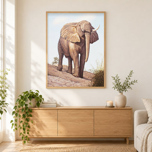 Elefantenbulle Simbabwe - Kunst des Eric Wilson als gerahmtes Diamond Painting im Wohnzimmer