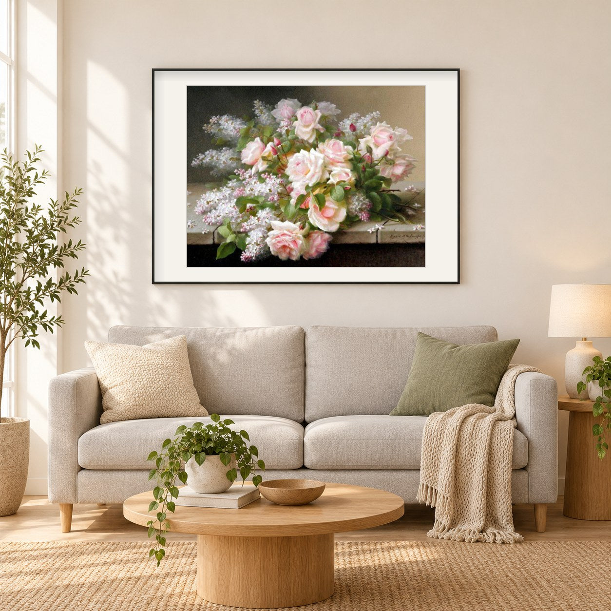 Bündel Rosen-Mal-Kit als gerahmtes Diamond Painting im Wohnzimmer