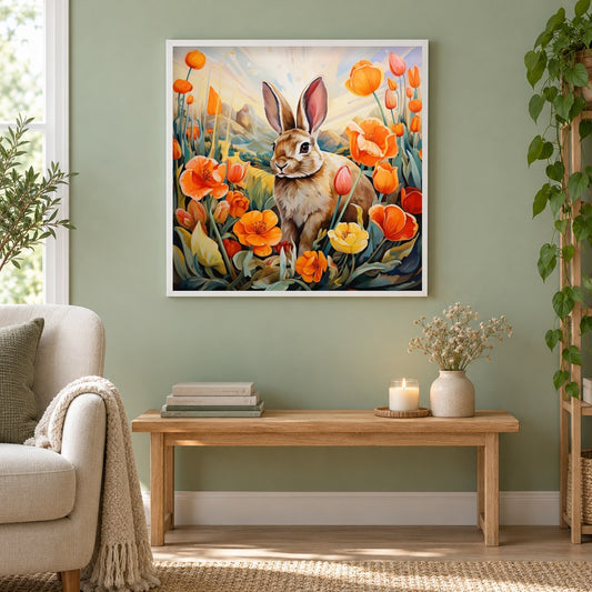 Hase in Blumen als gerahmtes Diamond Painting im Wohnzimmer