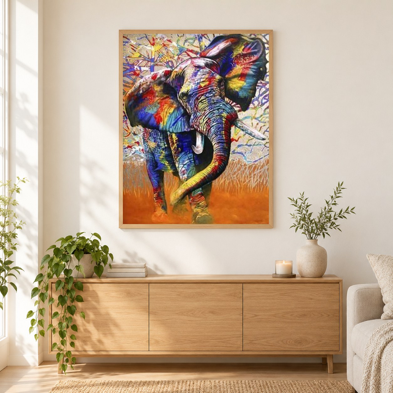 Bunte afrikanische ElefantenDiamond Painting als gerahmtes Diamond Painting im Wohnzimmer