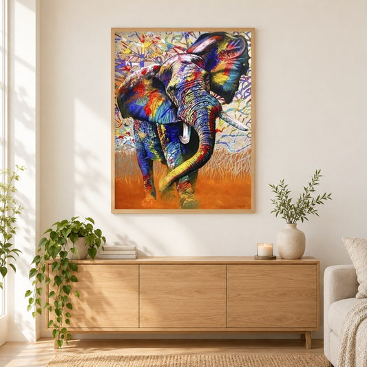 Bunte afrikanische ElefantenDiamond Painting als gerahmtes Diamond Painting im Wohnzimmer