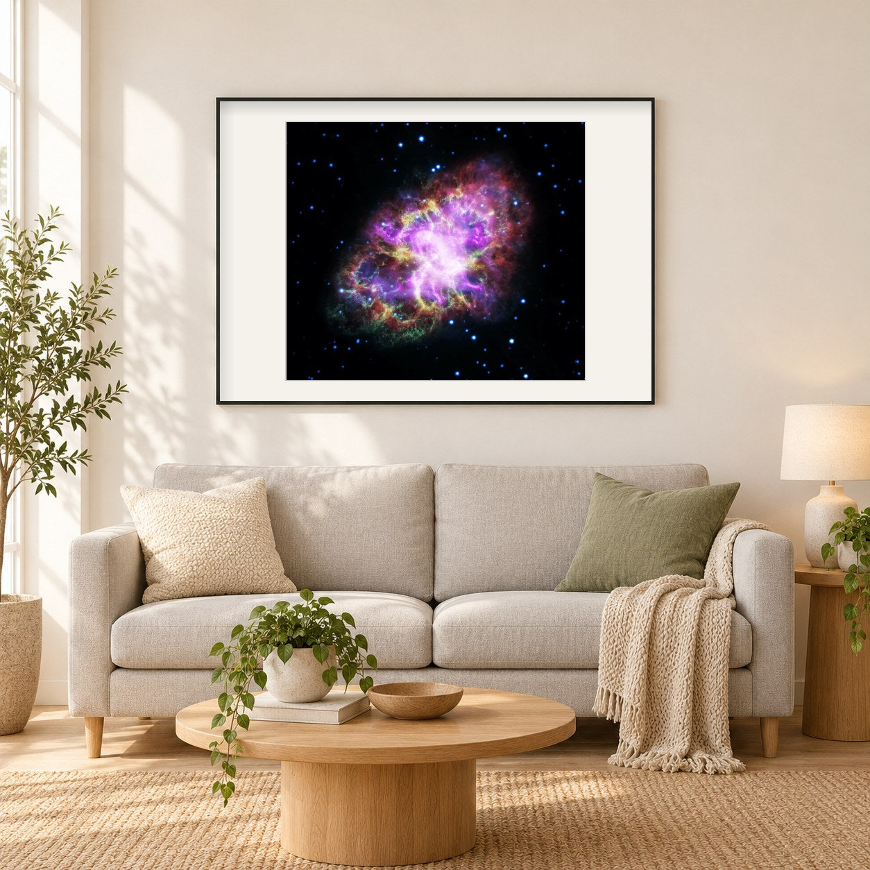 Bunte Ansicht des Krebsnebels als gerahmtes Diamond Painting im Wohnzimmer
