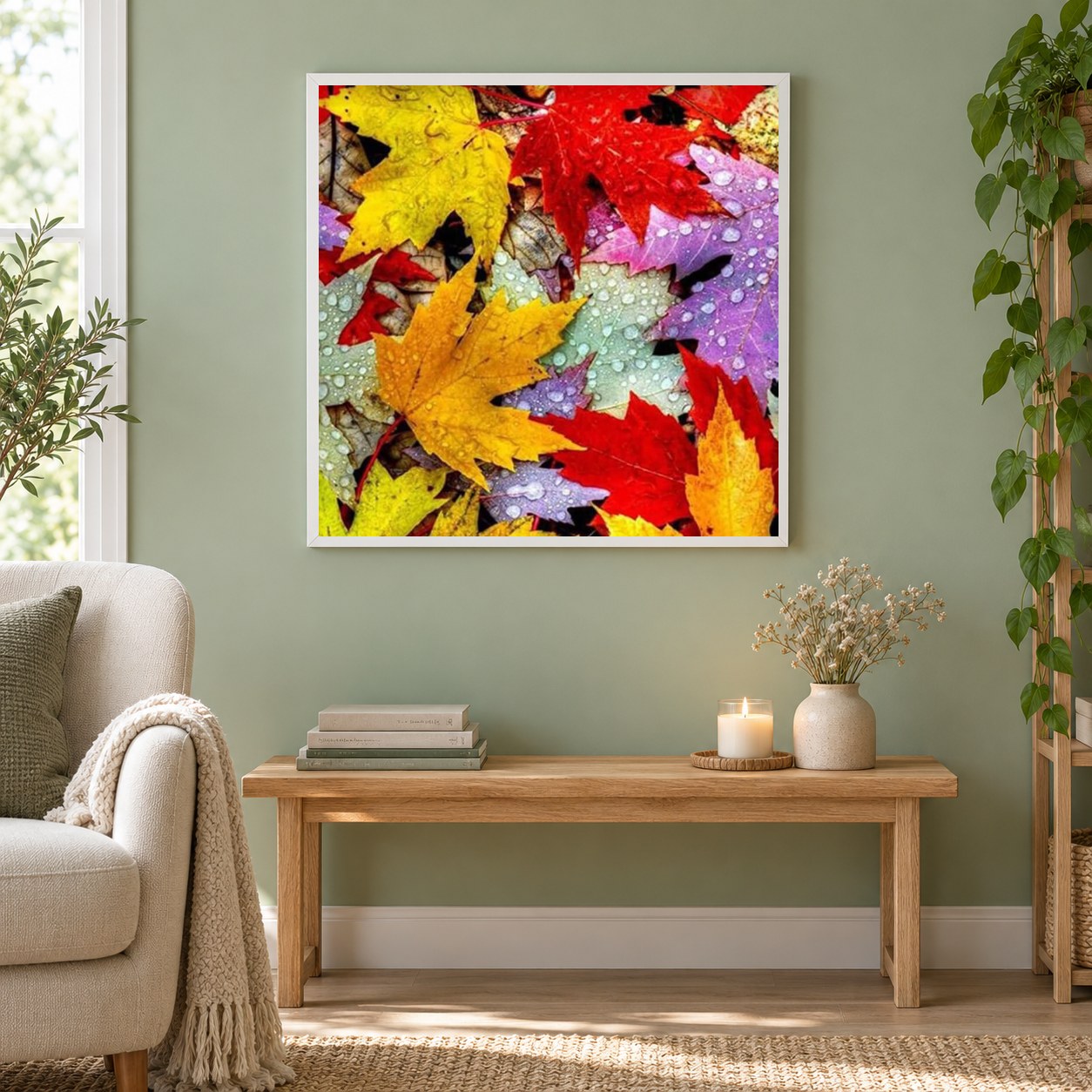 Bunte Blätter als gerahmtes Diamond Painting im Wohnzimmer