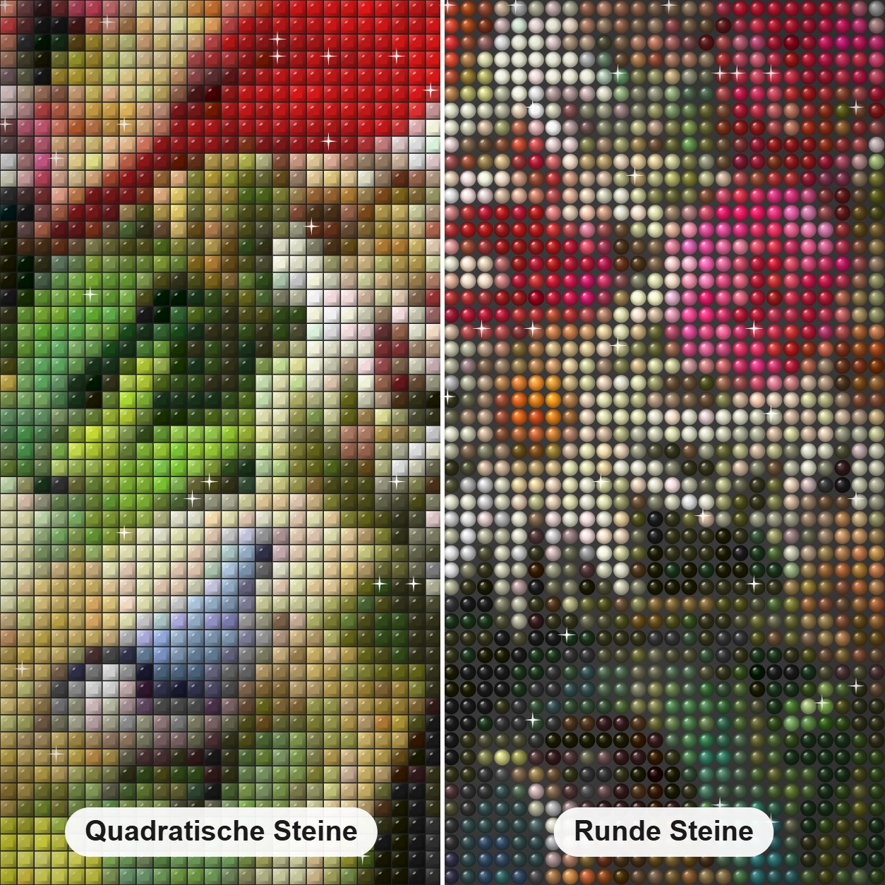 Bunte Blumenvase & schöne Vögel Diamond Painting Nahaufnahme mit quadratischen und runden Steinen