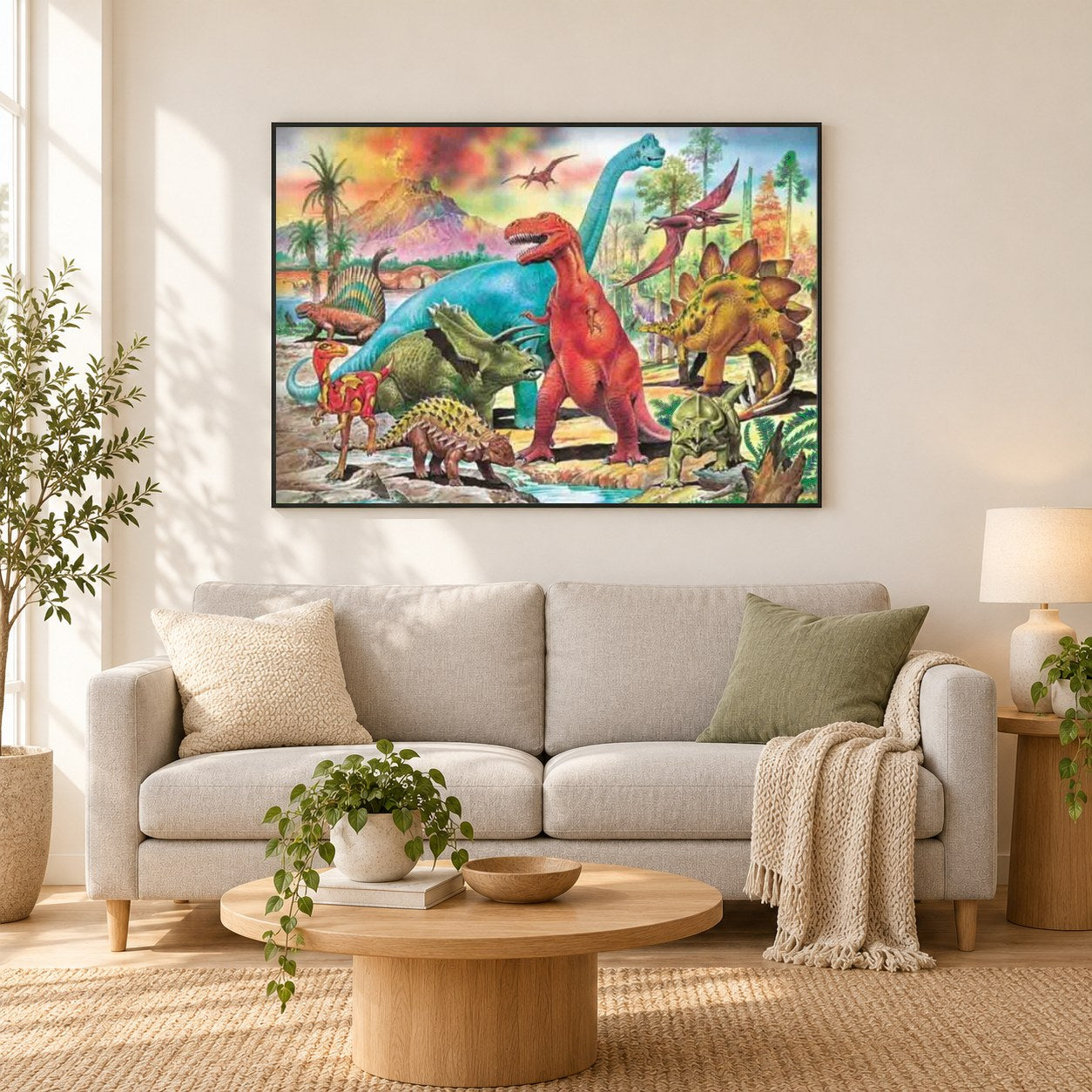 Bunte Dinosaurier als gerahmtes Diamond Painting im Wohnzimmer