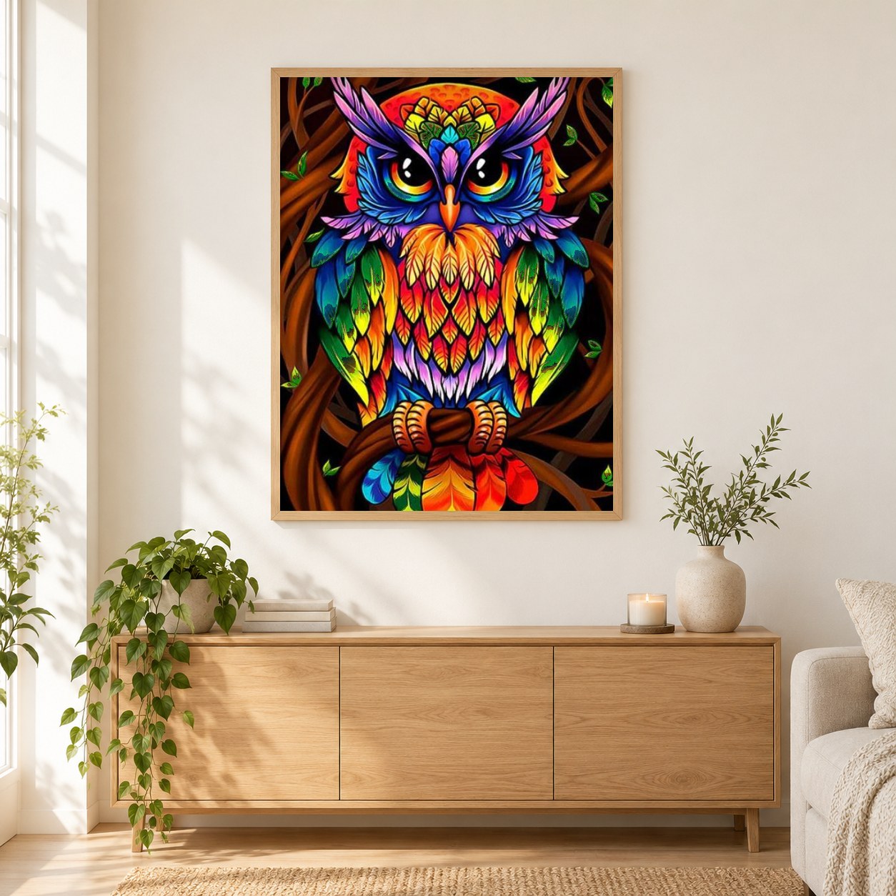 Bunte Eule als gerahmtes Diamond Painting im Wohnzimmer