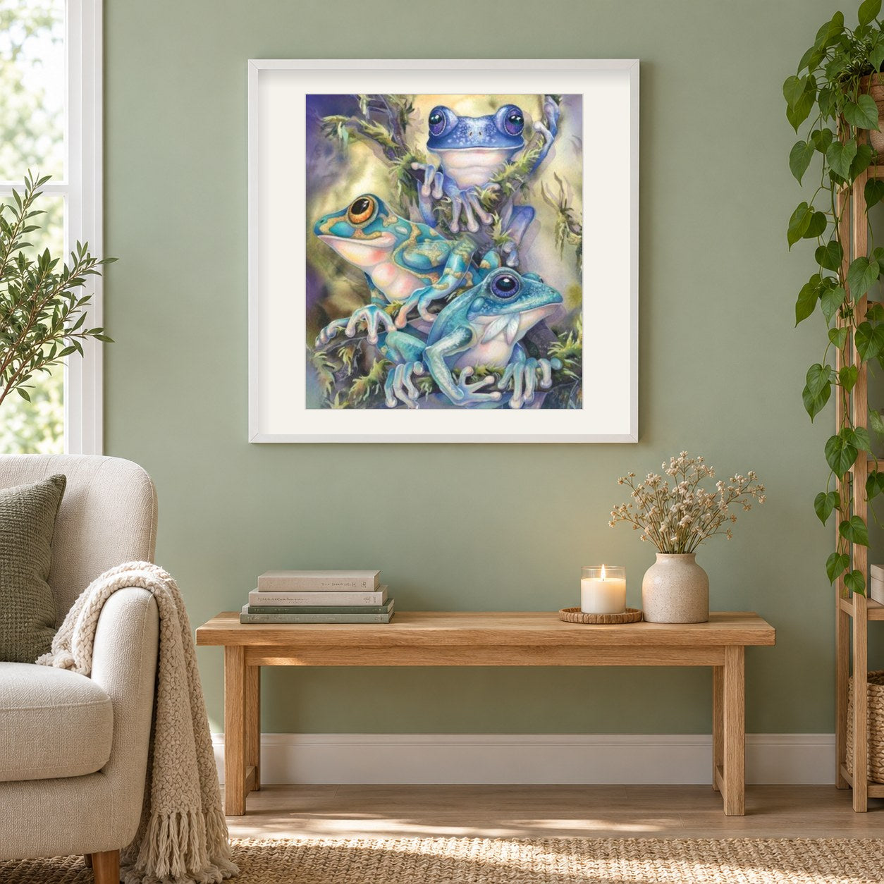 Bunte Frösche als gerahmtes Diamond Painting im Wohnzimmer