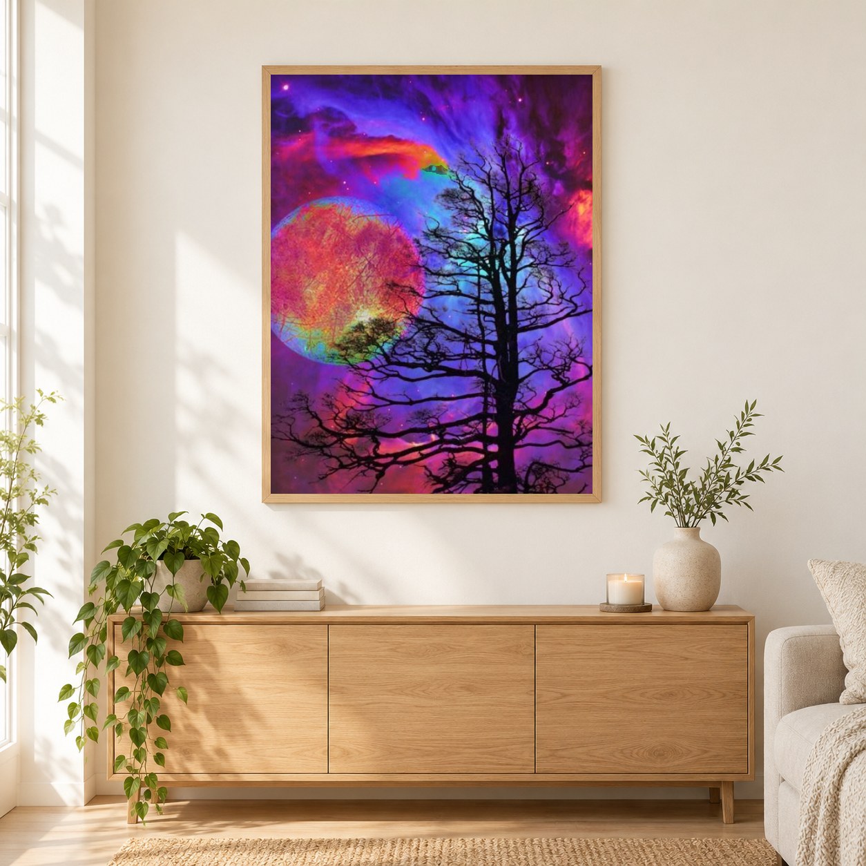 Bunte Galaxie & Barran Bäume als gerahmtes Diamond Painting im Wohnzimmer