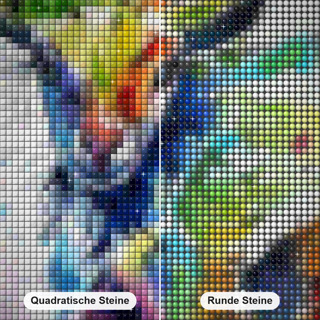 Bunte künstlerische Ziege Diamond Painting Nahaufnahme mit quadratischen und runden Steinen