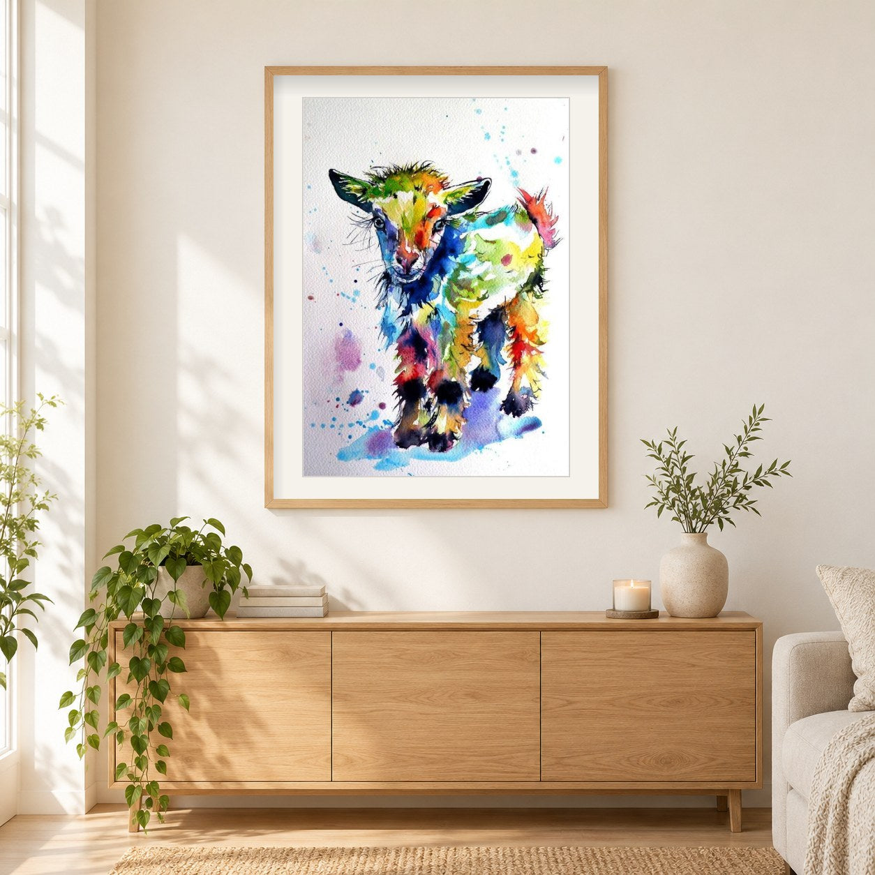 Bunte künstlerische Ziege als gerahmtes Diamond Painting im Wohnzimmer