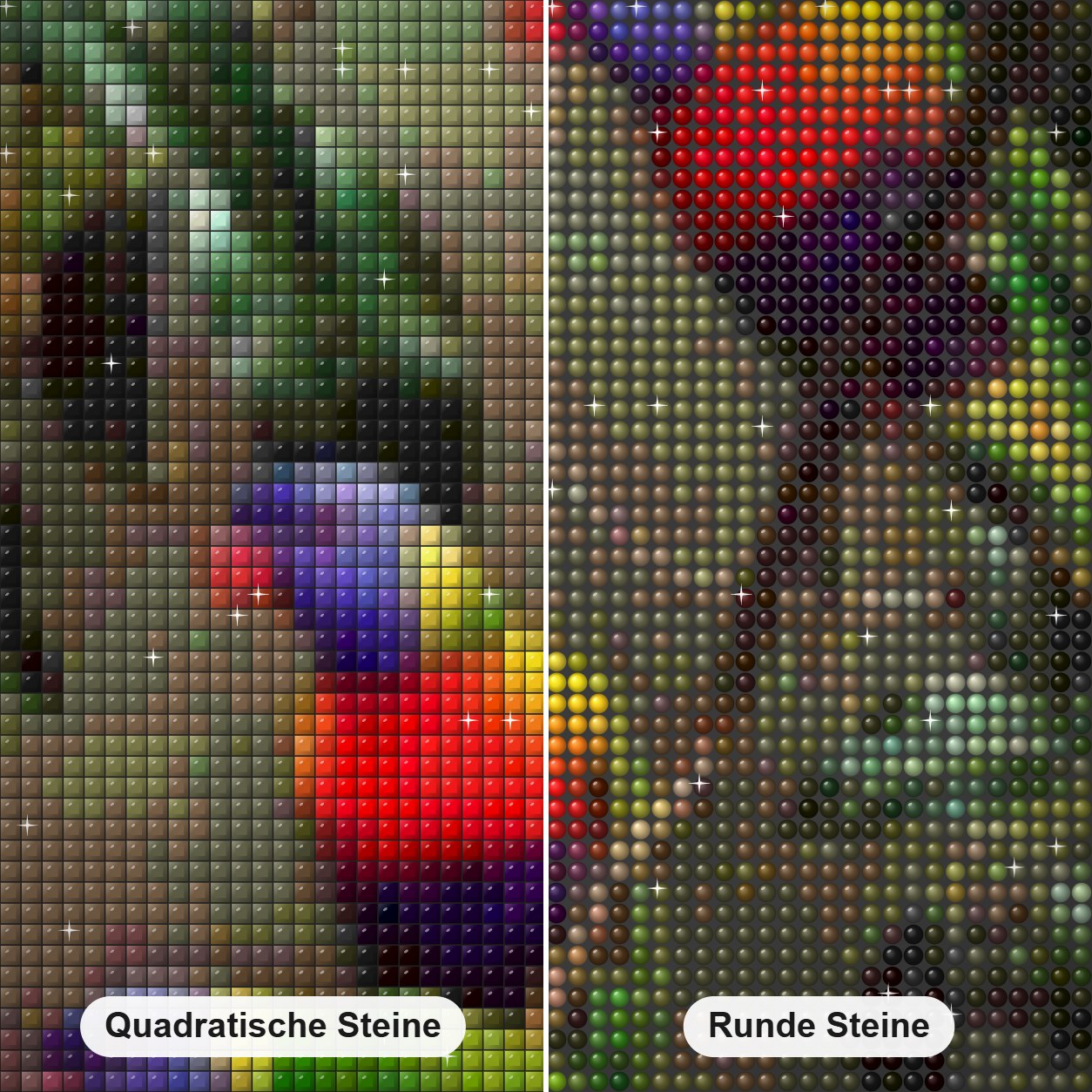 Bunte Papageien auf Ästen Diamond Painting Nahaufnahme mit quadratischen und runden Steinen