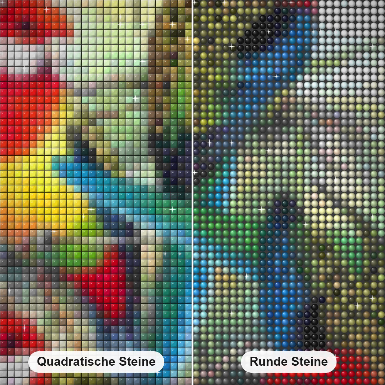 Bunte Papageien auf Bäumen Diamond Painting Nahaufnahme mit quadratischen und runden Steinen