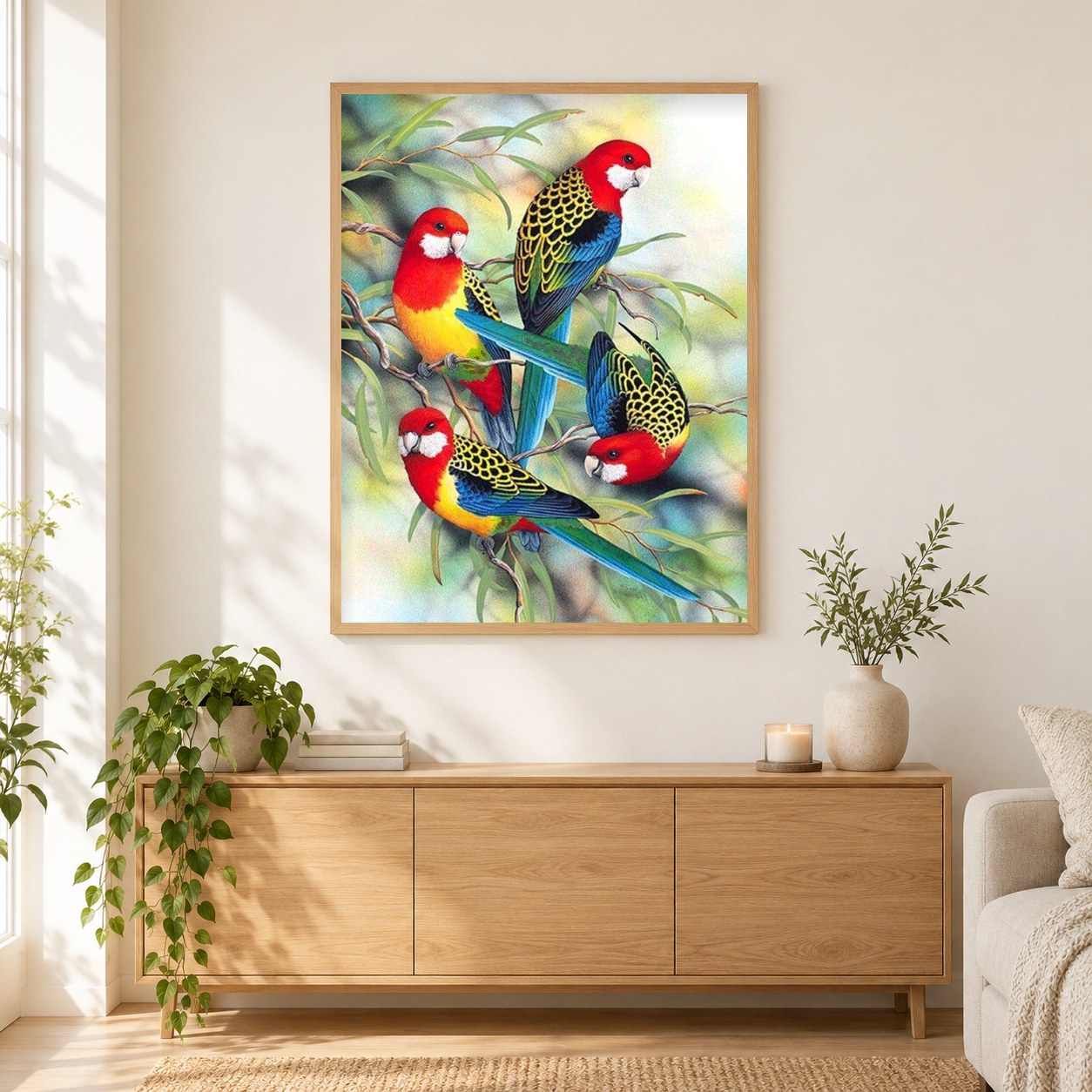 Bunte Papageien auf Bäumen als gerahmtes Diamond Painting im Wohnzimmer