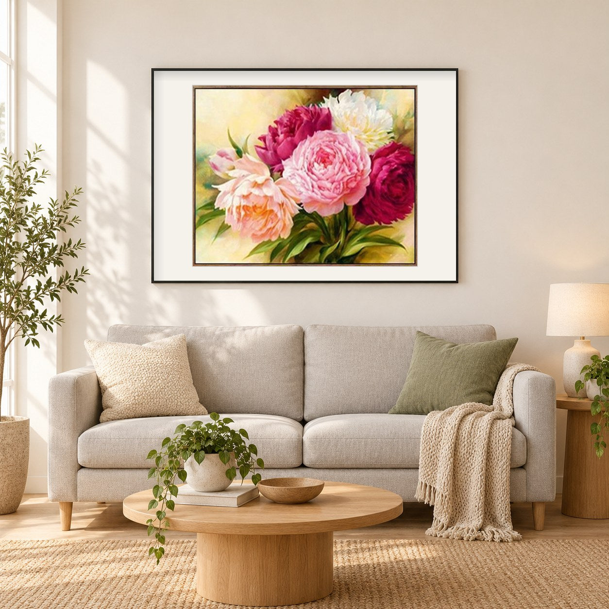 Bunte Pfingstrosenblume als gerahmtes Diamond Painting im Wohnzimmer