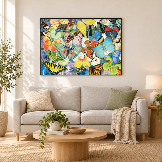 Bunte Schmetterlingsarten als gerahmtes Diamond Painting im Wohnzimmer