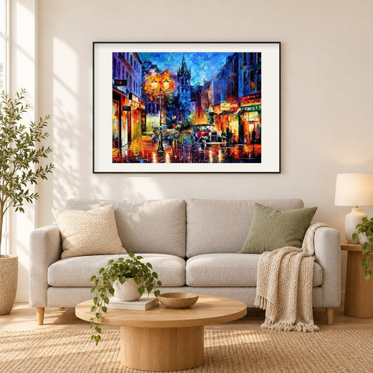 Bunte Straße bei Nacht als gerahmtes Diamond Painting im Wohnzimmer